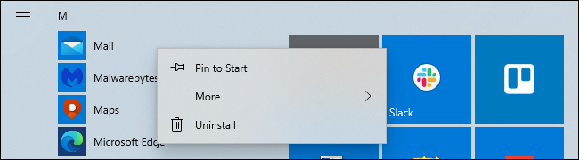 Desinstalando o aplicativo Mail do Windows 10 no menu Iniciar.
