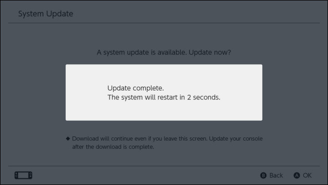 Tela completa da atualização do software do console Nintendo Switch