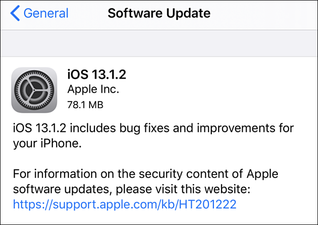 Captura de tela da atualização do iOS para 13.1.2