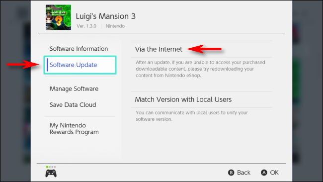 Selecione Atualizar via Internet no Nintendo Switch