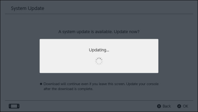 Tela de atualização do software Nintendo Switch System