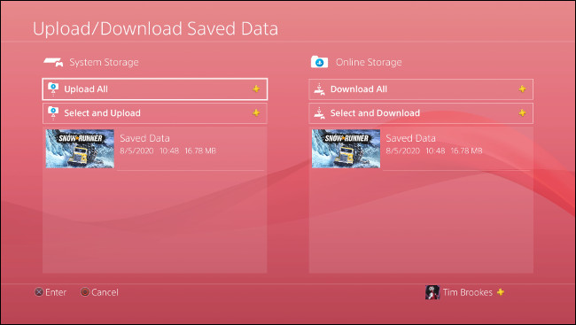 O menu "Upload / Download de dados salvos" no PS4.