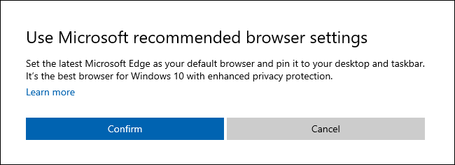 A caixa de diálogo "Usar configurações de navegador recomendadas pela Microsoft" no Windows 10.