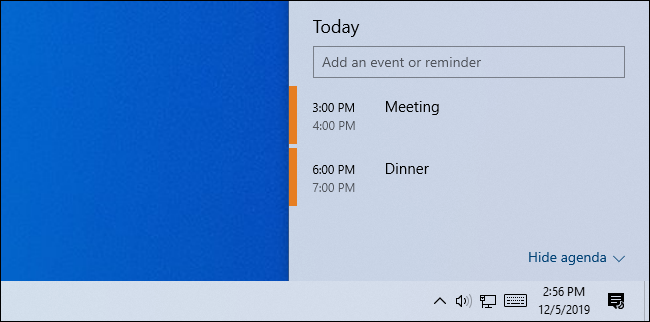 Eventos de calendário no pop-up do calendário do Windows 10.