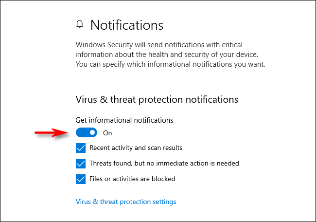 Notificações de proteção contra vírus e ameaças no Windows 10