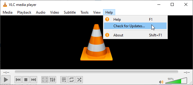 Ajuda> Verificar atualizações no VLC no Windows 10.