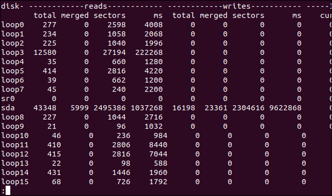 saída de vmstat -d |  menos em uma janela de terminal