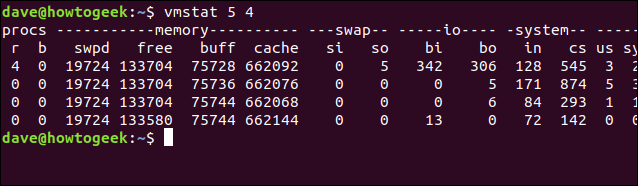 saída do vmstat 5 4 em uma janela de terminal