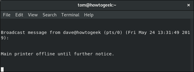 mensagem de parede para usuário local tom em uma janela de terminal