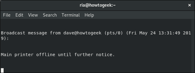 mensagem de parede para o usuário local Ria em uma janela de terminal