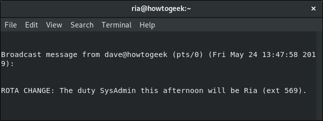 mensagem de parede para Ria em uma janela de terminal