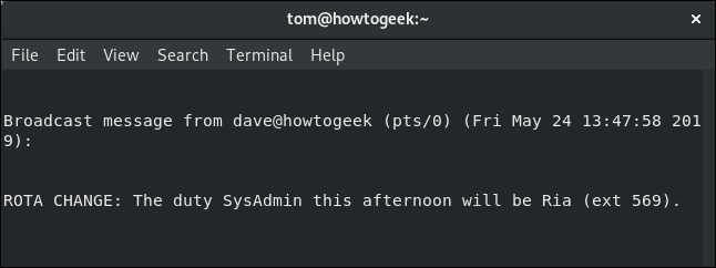 mensagem de parede para Tom em uma janela de terminal