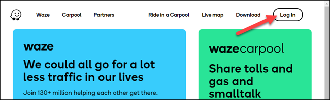 Clique em "Log In" no site do Waze.