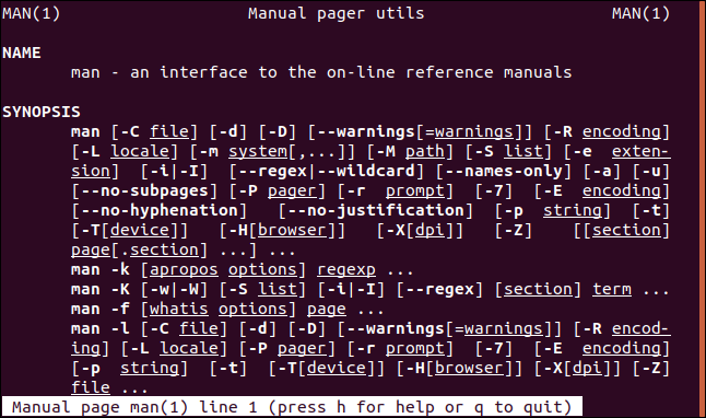 página do manual aberta na seção um em uma janela de terminal