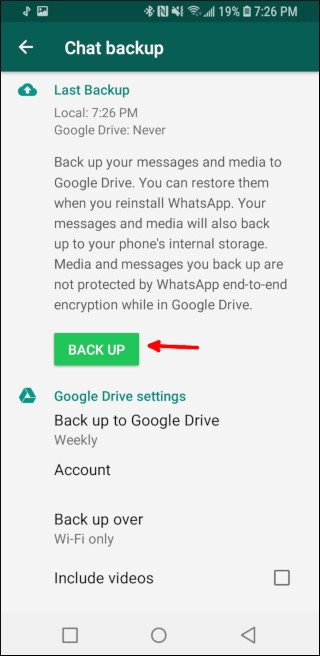 Temos nossa conta do Google configurada, então só precisamos clicar em BACK UP