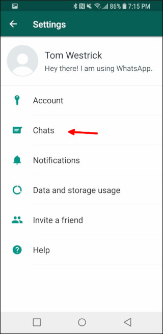 Tela de configurações do WhatsApp