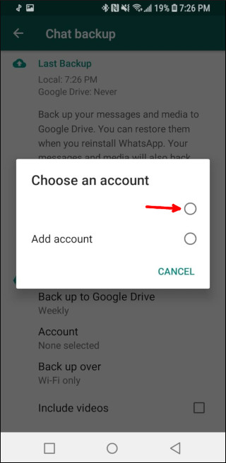 Selecionando a conta do Google para a qual deseja fazer backup das mensagens