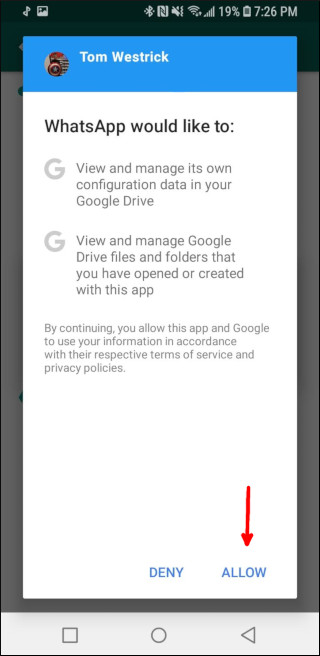 Permitindo que o WhatsApp acesse seu Google Drive