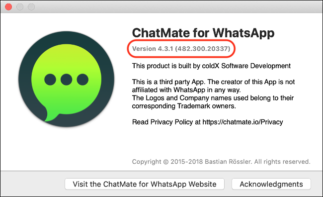 Uma caixa de diálogo "Sobre" para "WhatsApp" com o número da versão.