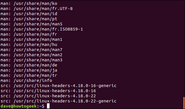 onde estão os locais de busca listados em uma janela de terminal