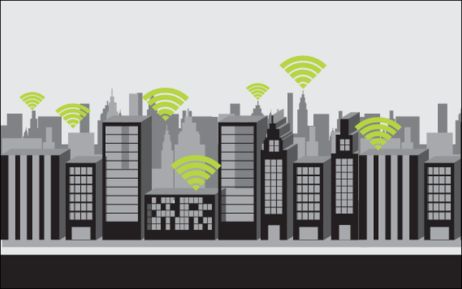 Ícones de Wi-Fi sobrepostos a uma paisagem urbana.