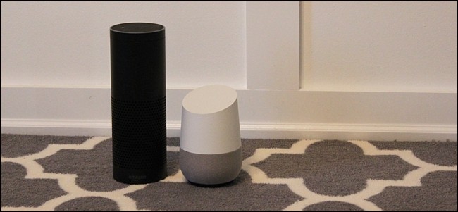 Um Amazon Echo e um Google Home lado a lado