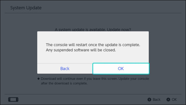 Tela de aviso de atualização do software Nintendo Switch System