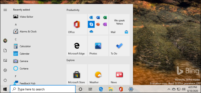 O menu Iniciar com os novos ícones da atualização 21H1 do Windows 10.