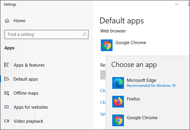 Aplicativo de configurações do Windows 10 recomendando o novo Microsoft Edge sobre Firefox e Google Chrome
