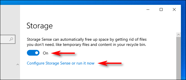 Clique no botão para ativar o Sensor de armazenamento nas configurações do Windows 10