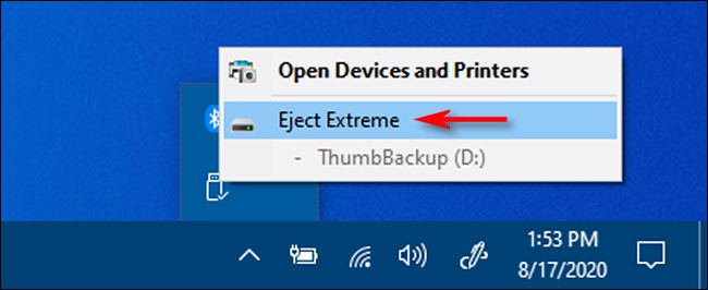 Clique em “Ejetar” e no nome da unidade USB que deseja remover no Windows 10.