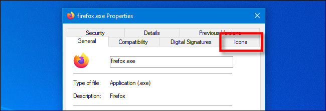 Na janela Propriedades do EXE no Windows 10, clique na guia "Ícone" especial do IconViewer.
