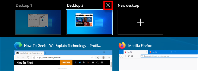 Selecione o "X" acima de uma miniatura da área de trabalho virtual para fechá-la.