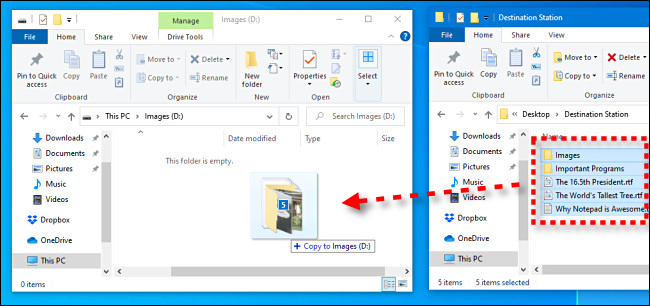 Clique e arraste os arquivos de uma janela para a janela da unidade flash USB no Windows 10 File Explorer.
