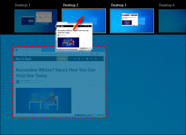 Arrastando uma janela entre desktops virtuais na tela Task View no Windows 10.