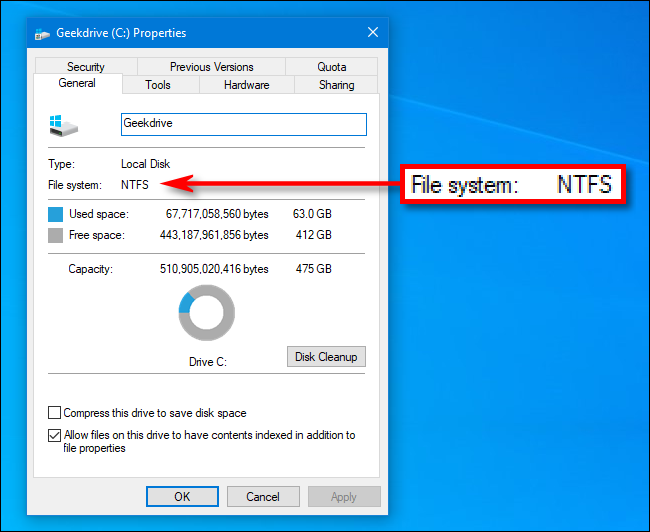 Visualizando o sistema de arquivos de uma unidade na janela Propriedades do Windows 10