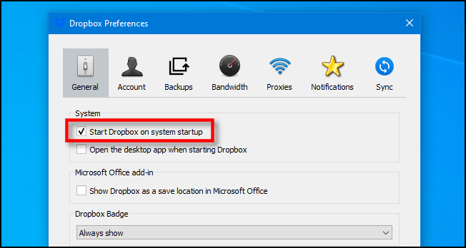Desmarque "Iniciar Dropbox na inicialização do sistema" no Windows 10.