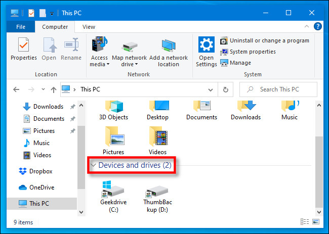 Neste PC, localize a seção "Dispositivos e unidades" no Windows 10 File Explorer.