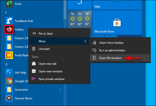 Encontrar o local de atalho de um aplicativo usando o menu Iniciar no Windows 10