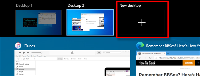 Selecione "Nova Área de Trabalho" na Visualização de Tarefas no Windows 10.