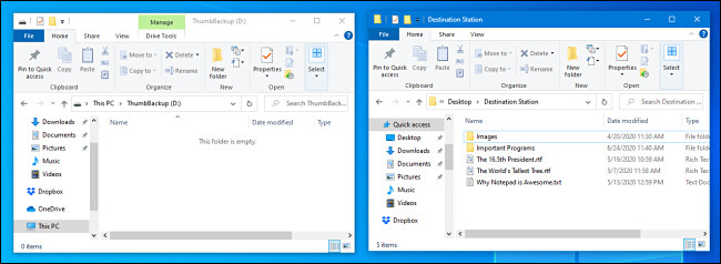 Duas janelas do File Explorer são abertas lado a lado no Windows 10.