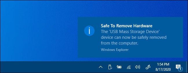 Uma notificação de "Segurança para remover hardware" no Windows 10.