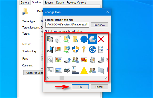 No Windows 10, selecione o ícone que deseja usar para o atalho e clique em “OK”.