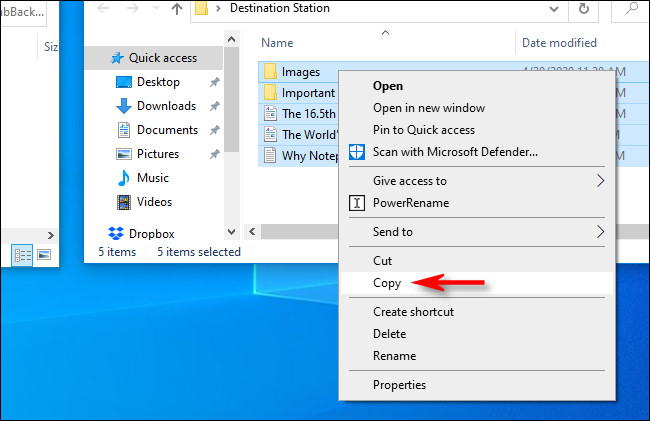 Na janela de origem, clique com o botão direito do mouse na seleção do arquivo e selecione "Copiar" no menu pop-up do Windows 10.