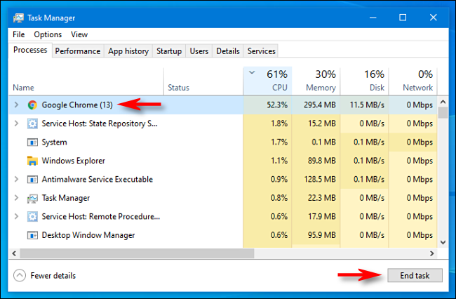 Selecione o processo no Gerenciador de Tarefas e clique em "Finalizar Tarefa" no Windows 10.