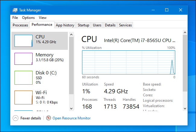 A guia "Desempenho" no Gerenciador de Tarefas no Windows 10.