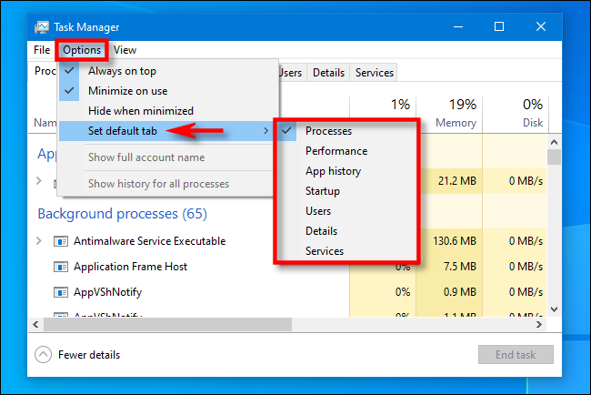 No Gerenciador de Tarefas, clique em Opções e selecione "Definir guia padrão"