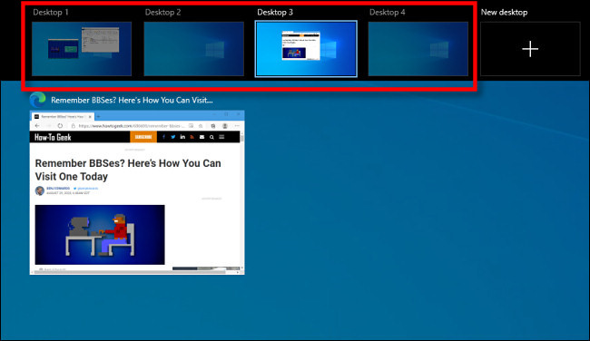 A tela de exibição de tarefas do Windows 10 que exibe desktops virtuais