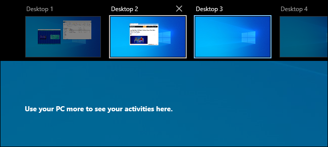 No Windows 10 Task View, a janela foi movida para outra área de trabalho virtual.