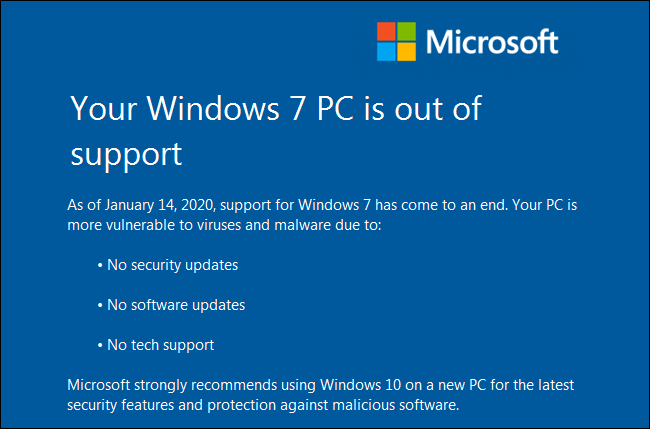 O aviso "Seu PC com Windows 7 está sem suporte" em um PC com Windows 7.